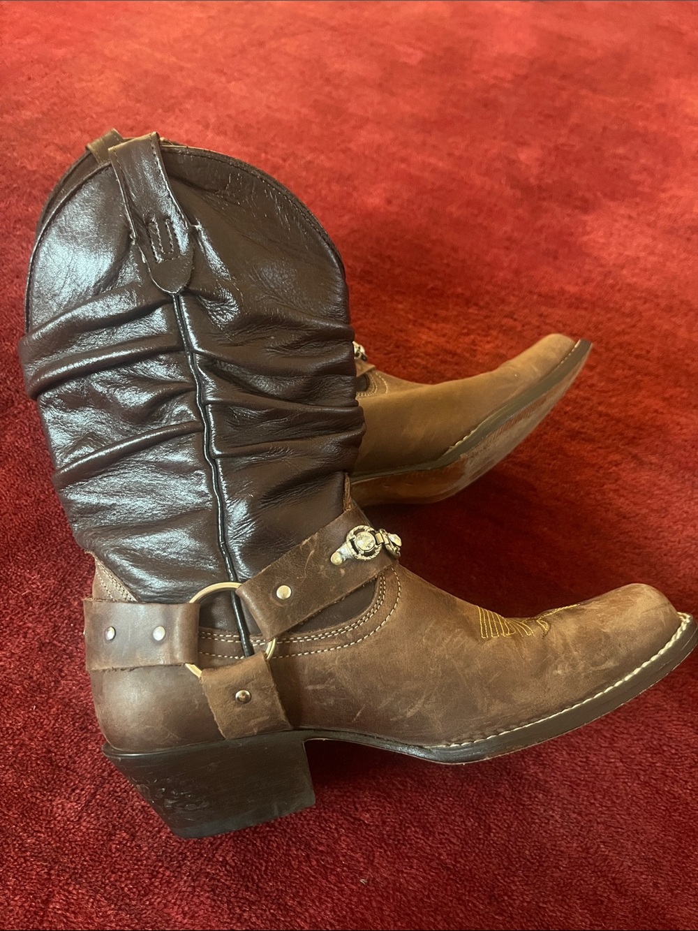 Vintage Western Brown Leather Smoky Brown Cowboy Harness Chain Boots - Picture 6 of 8